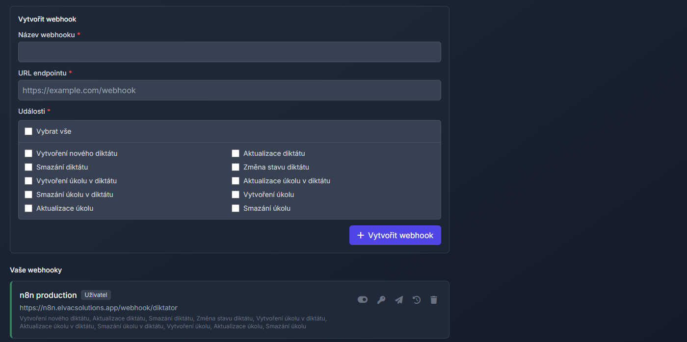 Správa webhooků – Nastavení → Webhooky
